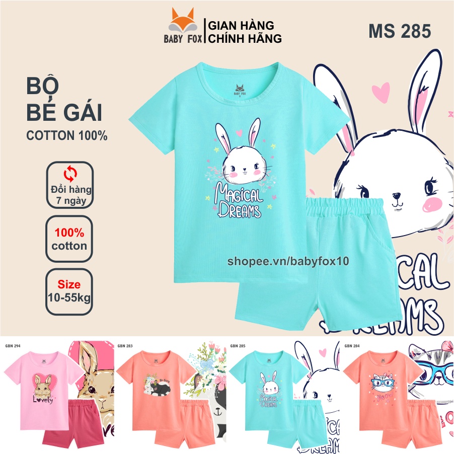 Bộ thun bé gái 100% cotton loại tốt, thương hiệu BABY FOX, in hình mèo, thỏ dễ thương d