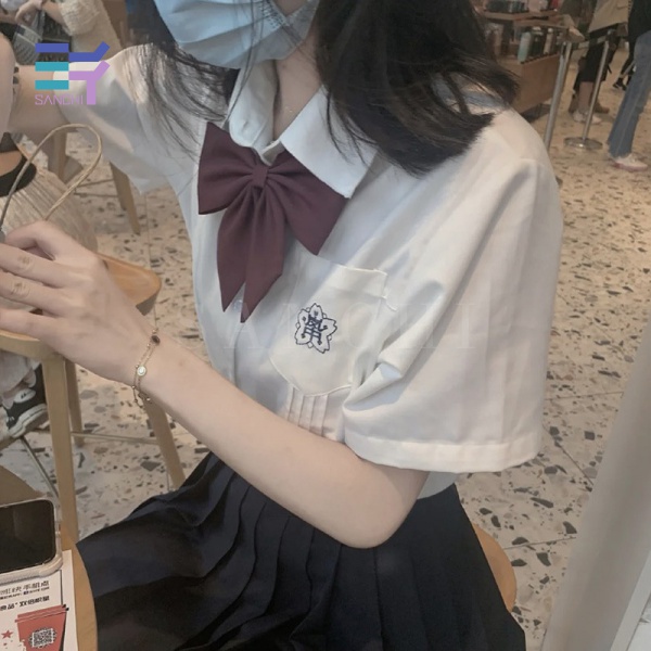 Áo Sơ Mi Đồng Phục Ngắn Tay Màu Trắng Thêu Họa Tiết Thời Trang Cho Nữ