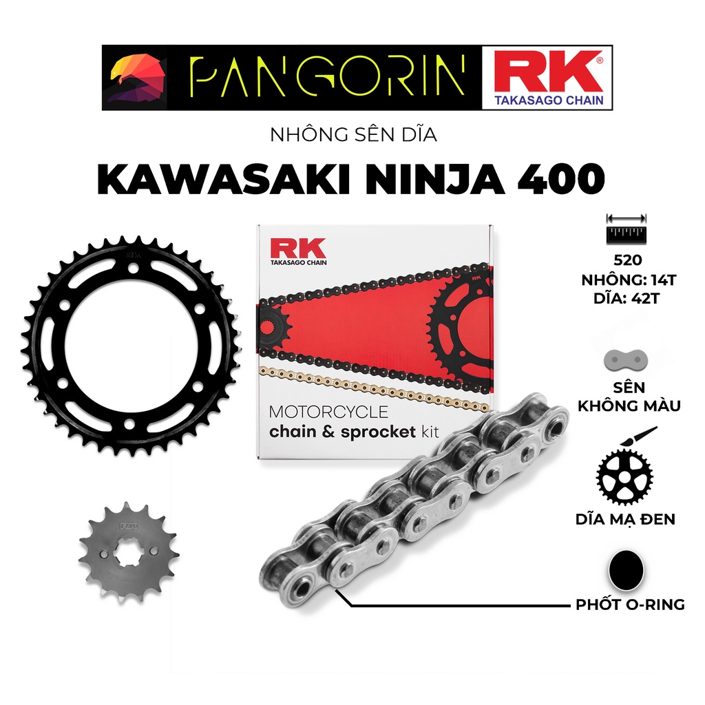 Nhông Sên Dĩa RK Takasago Kawasaki Ninja 400 - Nhông Dĩa thép đen - Sên 520-KLO2, màu xám, phốt O-ring