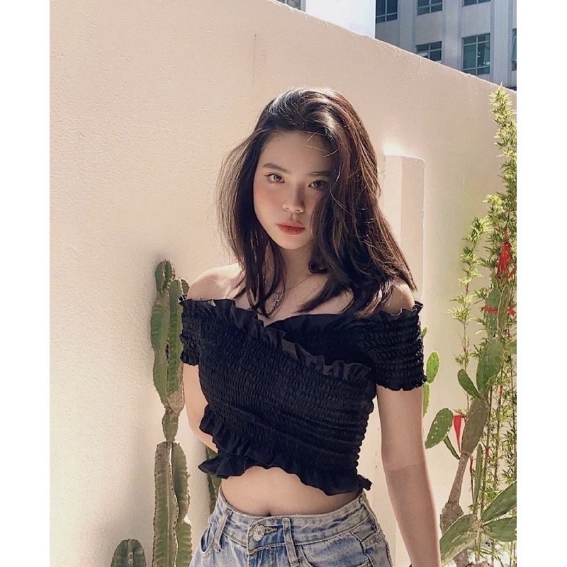 Áo Croptop Voan Nhún Bèo Đắp Chéo Tay Ngắn A5035