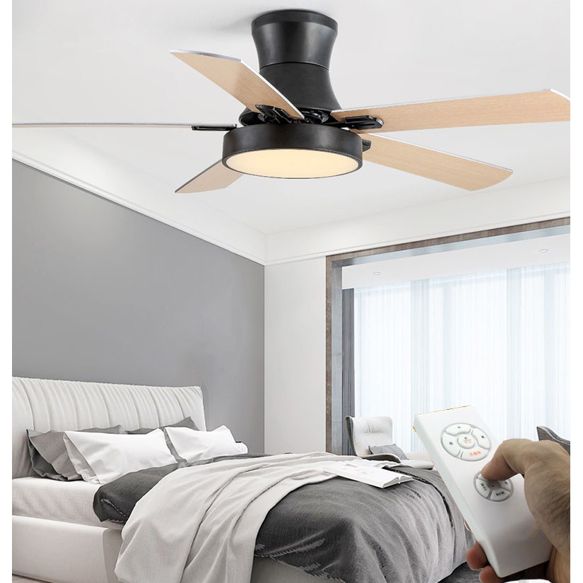 Đèn Quạt trần Bắc Âu, Quạt trần Đèn phong cách hiện đại đơn giản XH-102D [5 cánh gỗ 52, Bóng đèn led, Đen]