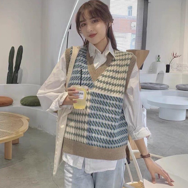 Áo gile nữ Evelynv, áo len chất dày dặn họa tiết ziczac phối màu phong cách Hàn Quốc siêu xinh - Len01