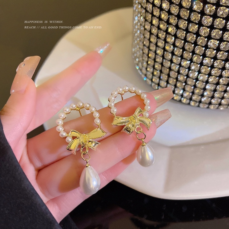 Khuyên Tai Nơ Đính Ngọc Trai Phong Cách Baroque Cổ Điển Kiểu Mới 2022