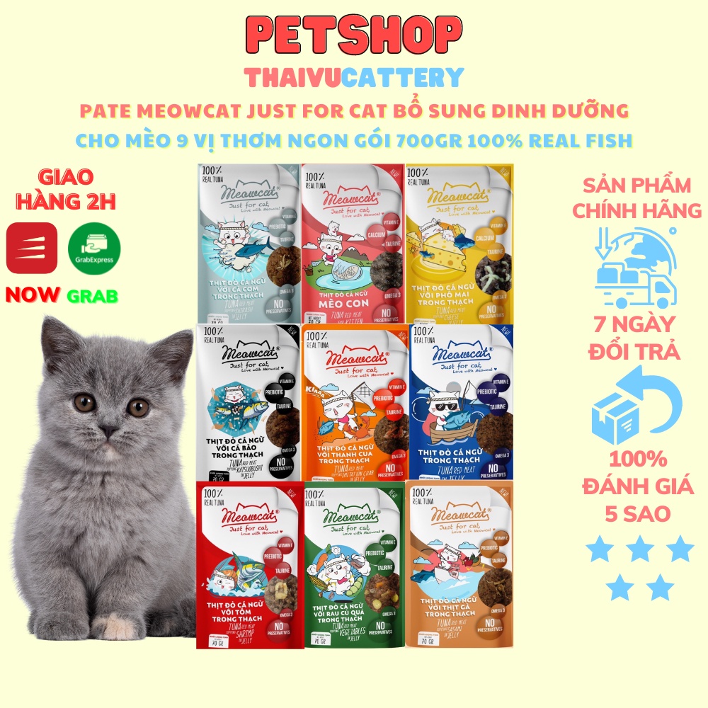 Pate Meowcat Just For Cat bổ sung dinh dưỡng cho mèo với 9 vị thơm ngon gói 70Gr cá thật 100%