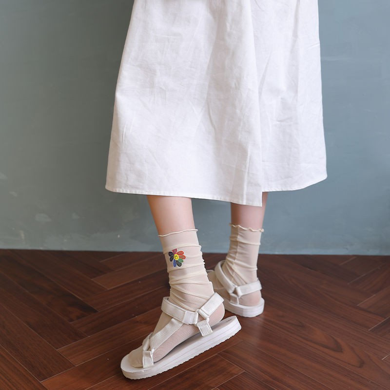 Vớ Dài Trung Bình Vải Lụa Mỏng Trong Suốt Phối Ren Phong Cách Nhật Hàn Thời Trang Mùa Hè Cho Nữ
