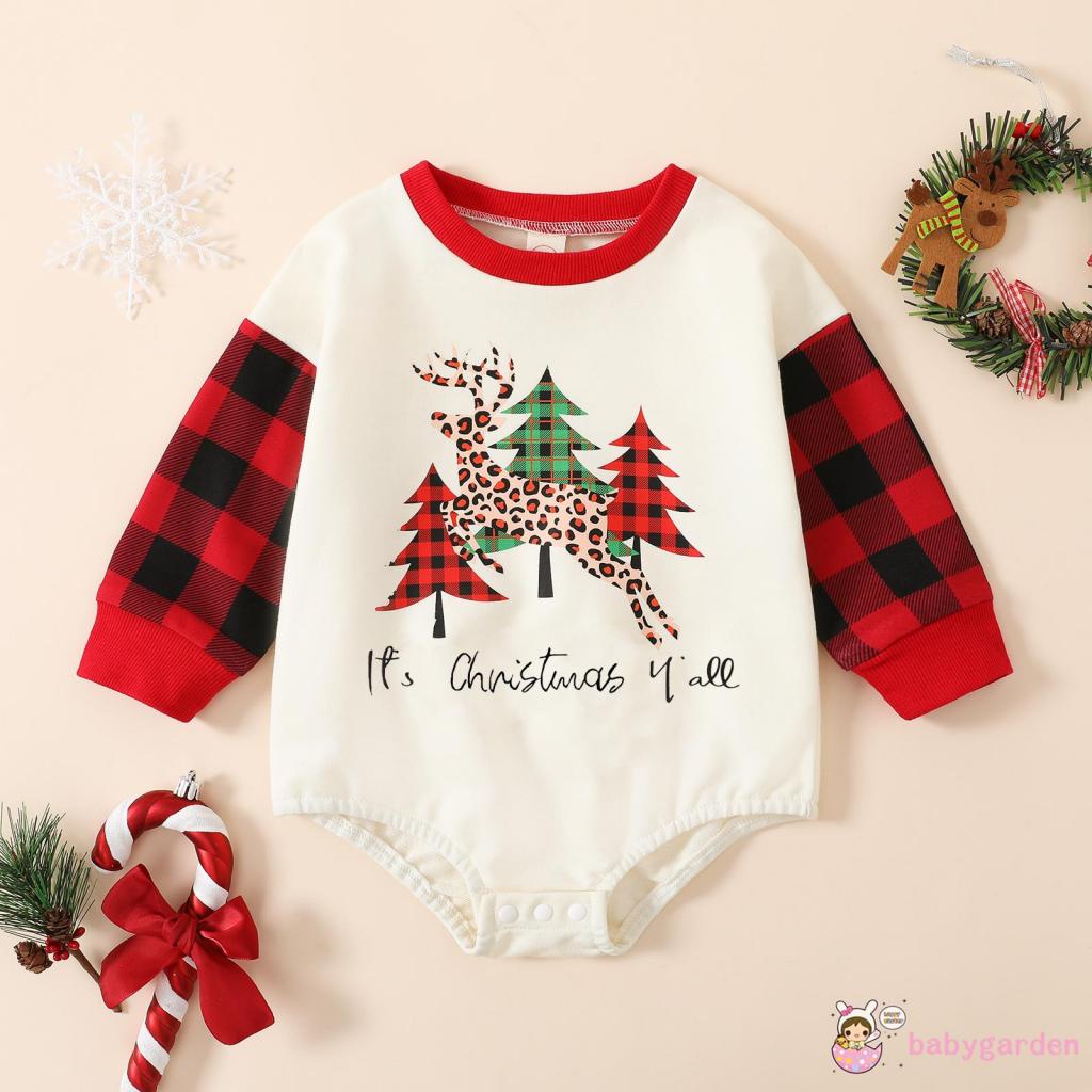 Bộ Áo Liền Quần Tay Dài Cổ Tròn In Họa Tiết Giáng Sinh Cho Bé 0-18 Tháng Tuổi