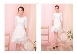 Đầm trắng vạt xéo phối voan