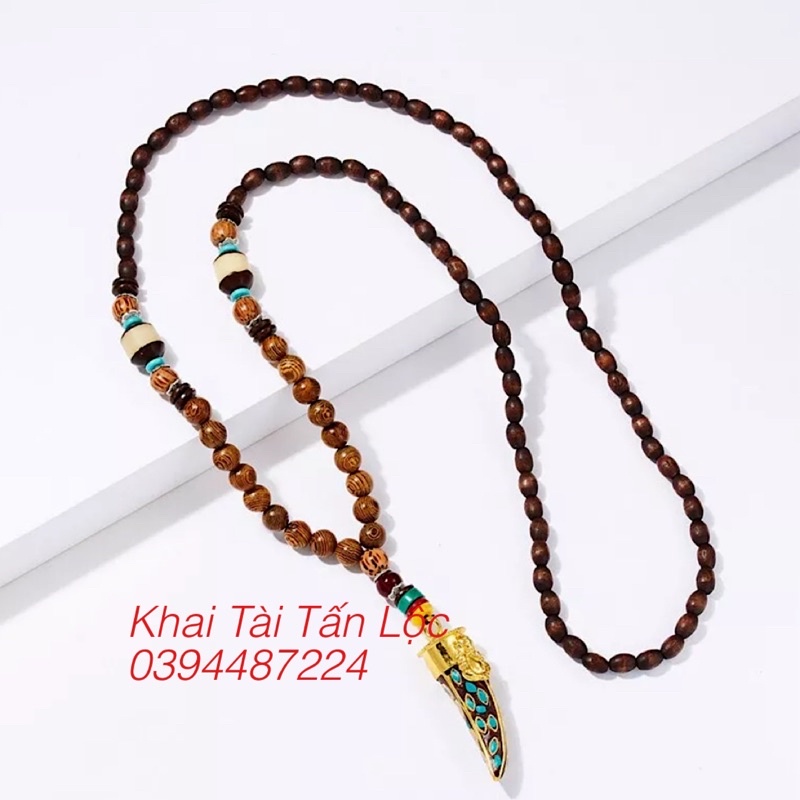 VÒNG CỔ CHUỖI HẠT GỖ HÌNH RĂNG NANH VÀ THẦN VOI GANESHA