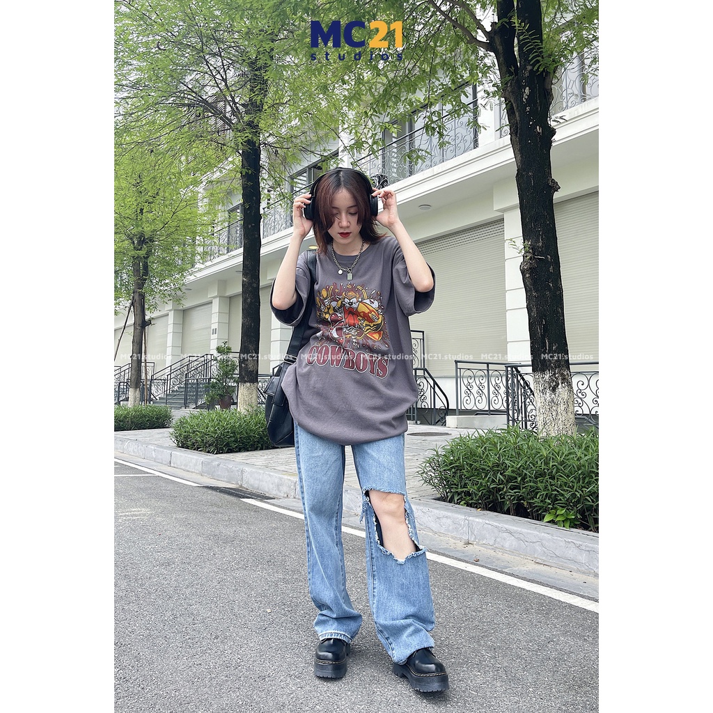 Quần jeans suông rách cutout MINIONCLOTHING lưng cạp cao Unisex nam nữ pants bigsize Ulzzang Streetwear Hàn Quốc Q607