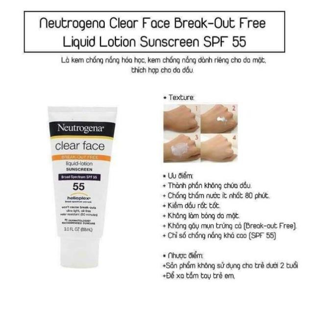 MUA 1 TẶNG 1 Sample - Kem chống nắng NEUTROGENA Clear Face Break-out Free Liquid-lotion Sunscreen Broad Spectrum SPF 55