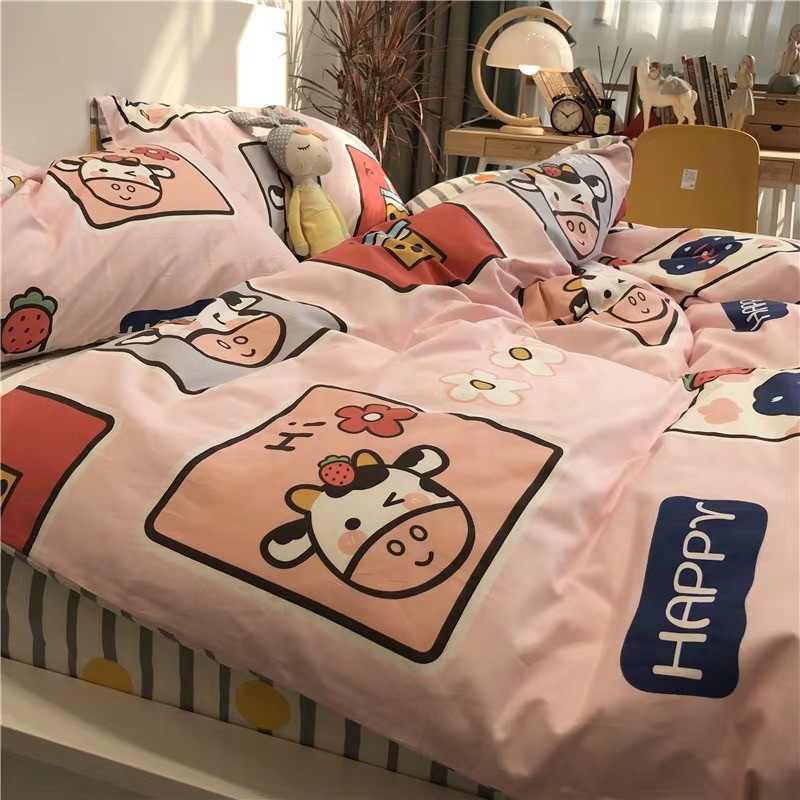 Bộ chăn ga gối cotton poly nhập khẩu -  Bò Hồng (SP001314)