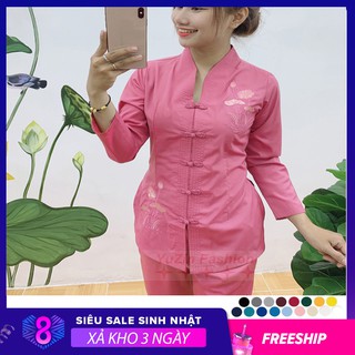 Đồ lam đi chùa giá rẻ- Bộ Phật Tử Bà Lai Cổ Tim Vải Kate Cotton Thêu Sen - Yuzin Store