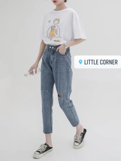 Quần slim baggy jeans hai nút lưng chun rách gối ulzzang kèm ảnh thật