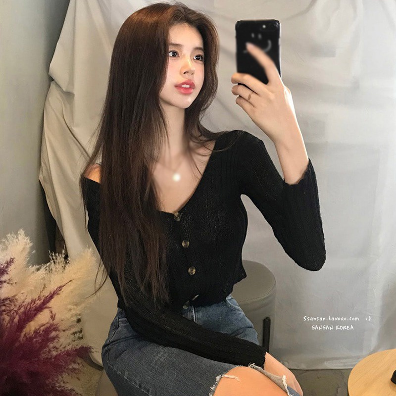 Áo khoác cardigan dệt kim tay dài cổ chữ V màu trơn phong cách Hàn Quốc cho nữ