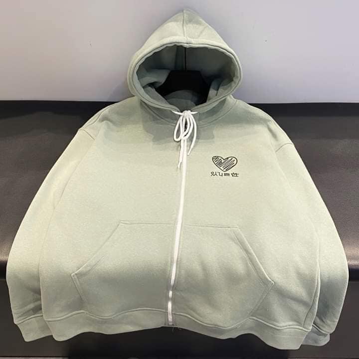 Áo Hoodie Kéo Khóa Zip Trái Tim Phản Quang Màu Xanh Đậu chất vải nỉ cotton cao cấp form rộng có size | BigBuy360 - bigbuy360.vn