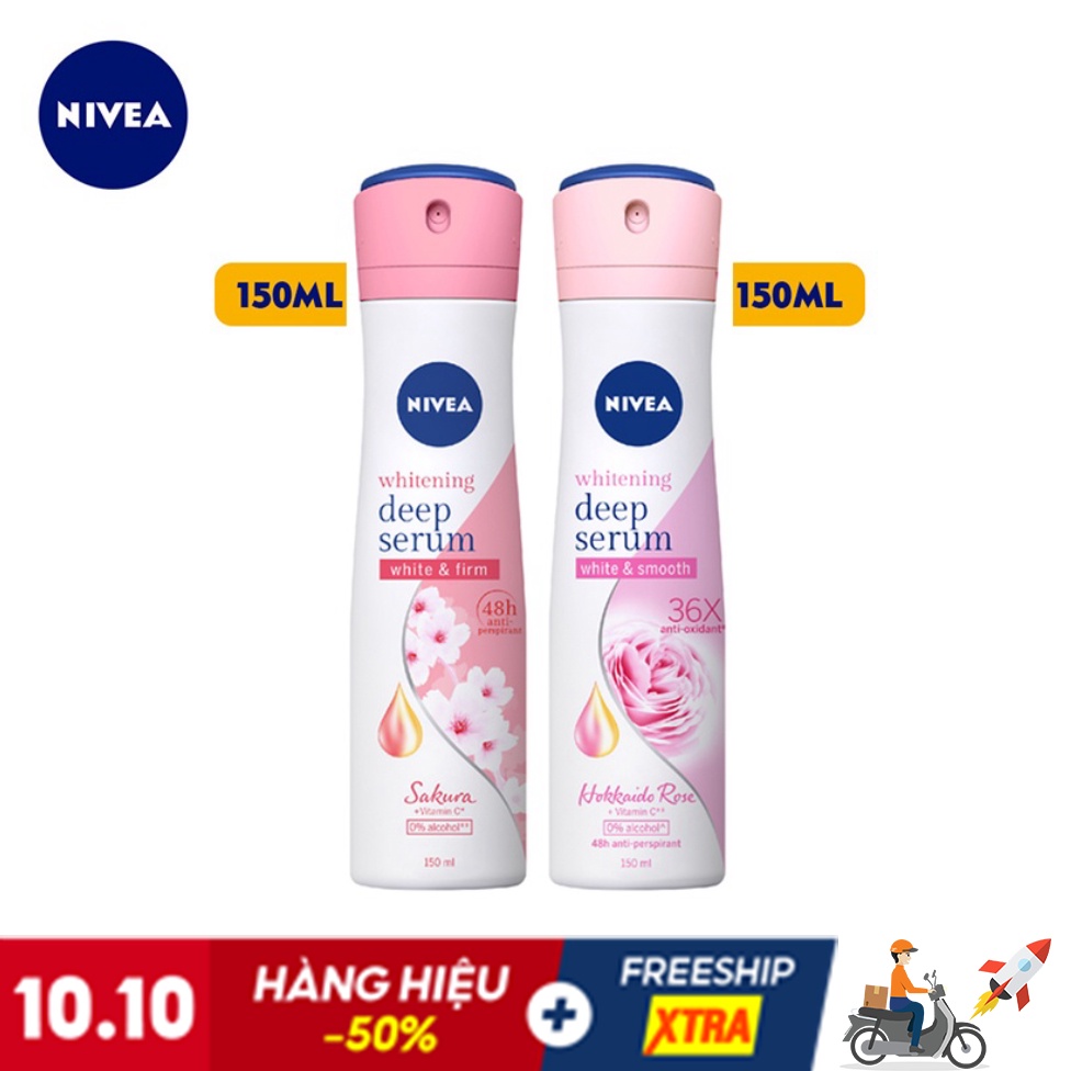 Bộ đôi Xịt serum ngăn mùi NIVEA dưỡng trắng hương hoa hồng Hokkaido & Sakura (150ml x2) (85304+85308)