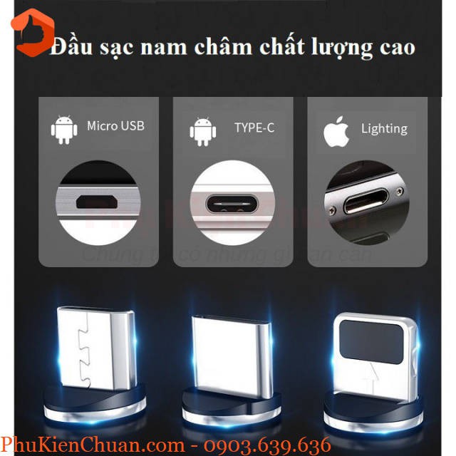 Cáp sạc nhanh Nam Châm 3 Đầu Phát Sáng – iPhone/iPad, Lightning, Type C, Android, Samsung, MicroUSB