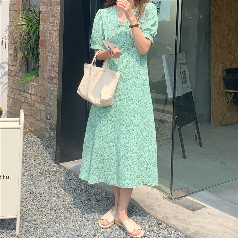 Đầm Voan Hoa Tay Ngắn Cổ Chữ V Thời Trang Hàn Quốc 43182