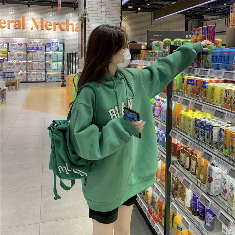 Áo hoodie tay dài dáng rộng in chữ cá tính dễ phối đồ thời trang