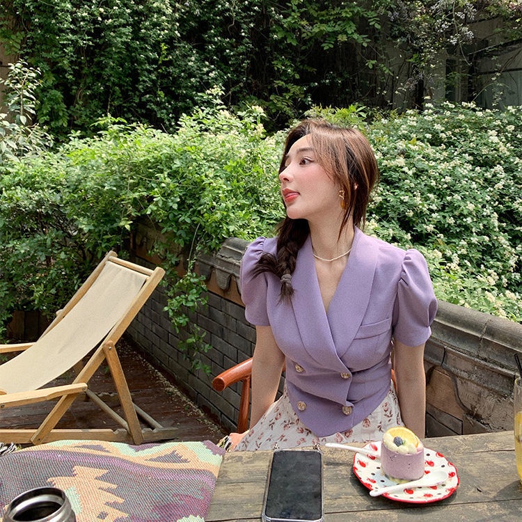 Áo khoác ngắn tay phồng hai hàng nút màu sắc ngọt ngào thời trang mùa hè dành cho nữ | BigBuy360 - bigbuy360.vn