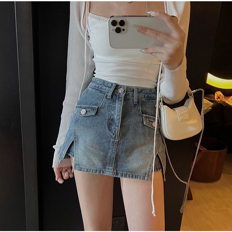 Quần đùi giả váy IELGY denim lưng cao thời trang quyến rũ dành cho nữ