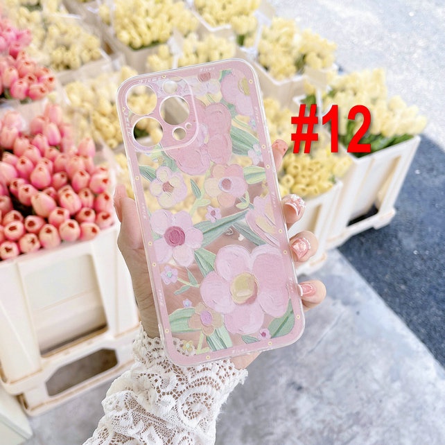 Samsung Galaxy M52 Note 20 Ultra S20 S10 Lite 10 Plus 8 9 4G 5G Cute oil painting Flowers Cherry Peach with Bow Chain Straight Edge Fine Hole Tpu Shockproof Anti-fall Clear Soft Phone Case Cover CES 12