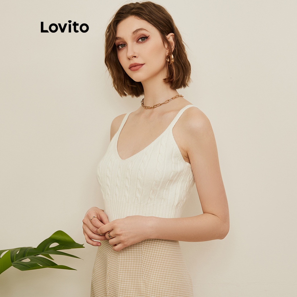 Áo dệt kim Lovito kẻ sọc vân dáng ngắn không tay màu trơn phong cách Preppy L19D006 (màu trắng)