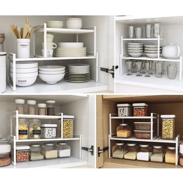 Bộ 2 kệ trong tủ bếp, kê xoong nồi, bát đĩa, gia vị chia ngăn tủ cực kỳ tiện lợi