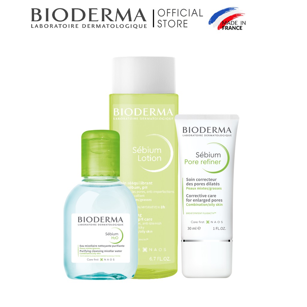 Bộ sản phẩm chăm sóc da dầu và hỗn hợp Biodema Sebium (Tẩy trang micellar 100ml + Lotion 200ml + Pore Refiner 30ml)