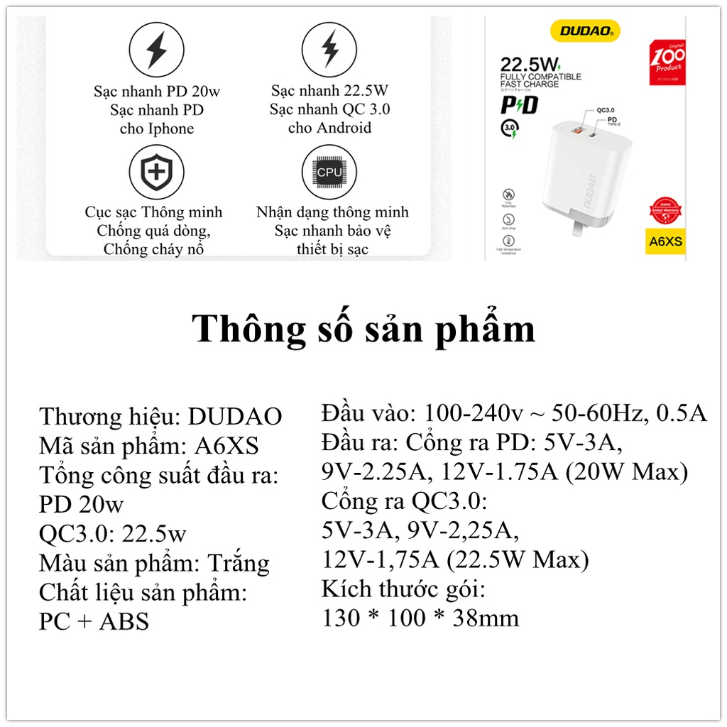 Củ Sạc Nhanh iPhone, iPad 2 cổng PD 20W và QC3.0 22.5W, Sạc nhanh Iphone, Ipad.. 30 phút đầy 60%