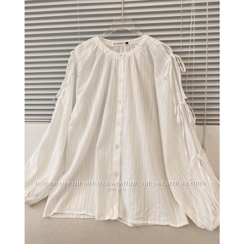 [ Ảnh thật] Áo sơmi chất linen cổ tròn tay bồng thắt nơ phong cách Hàn Quốc, Áo sơmi trắng Cuastore.vn