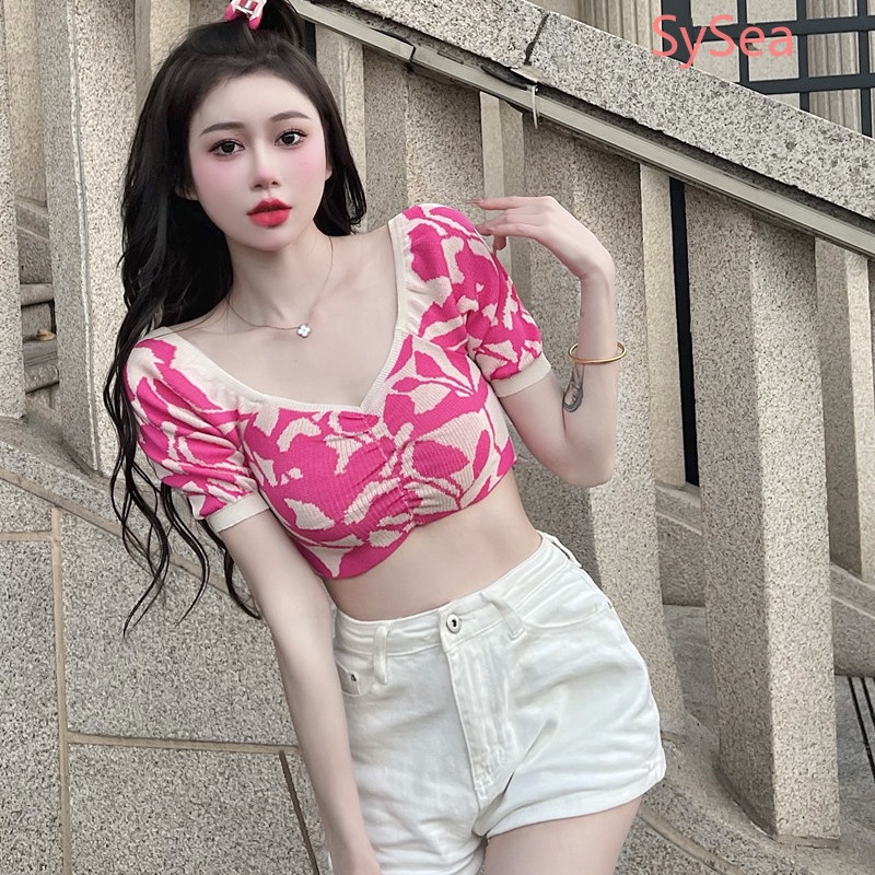 Áo Croptop Dệt Kim Cổ Chữ V Thiết Kế Xếp Ly Thời Trang Mùa Hè Quyến Rũ Cho Nữ