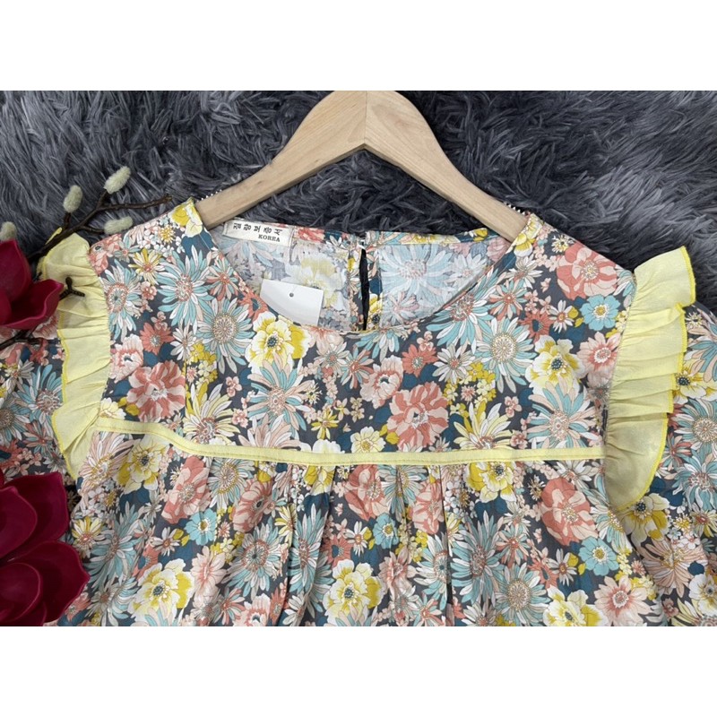 ĐẦM HOA SUÔNG-Váy maxi hoa nhí phối bèo vàng fom dưới 67kg bầu bí mặc xinh