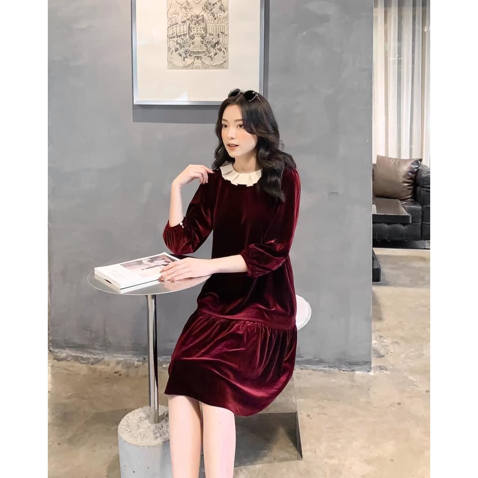 Váy suông phối cổ nữ dáng dài Eva Design chất liệu nhung cao cấp kiểu hàn quốc siêu đẹp , siêu xinh