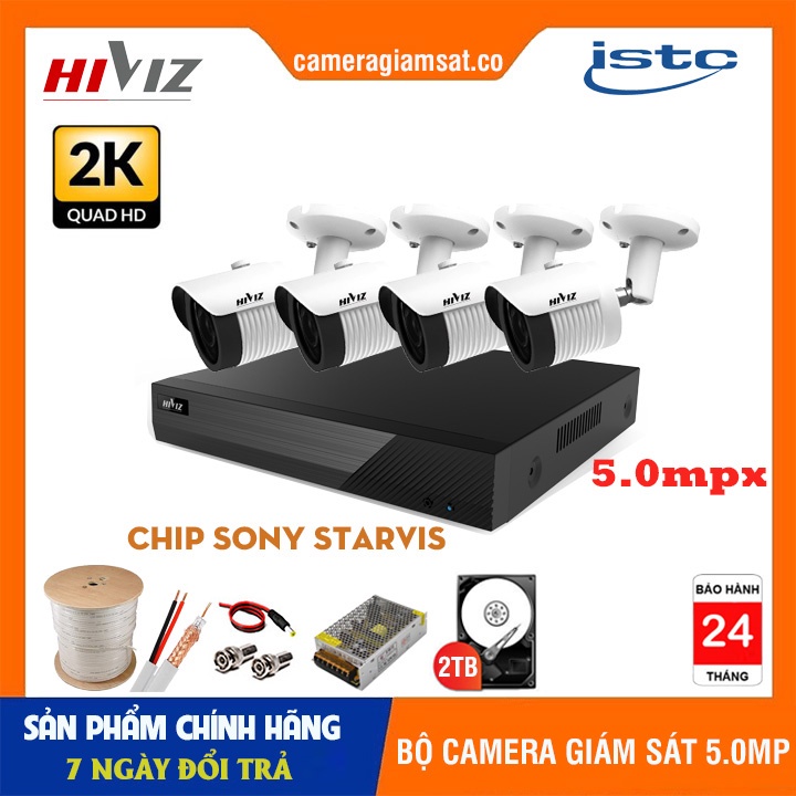 Bộ Camera giám sát Hikvision/ Hiviz Pro 5.0MP [2K] Siêu nét, Kèm HDD &amp; Đầy đủ phụ kiện lắp đặt - Hàng Chính Hãng