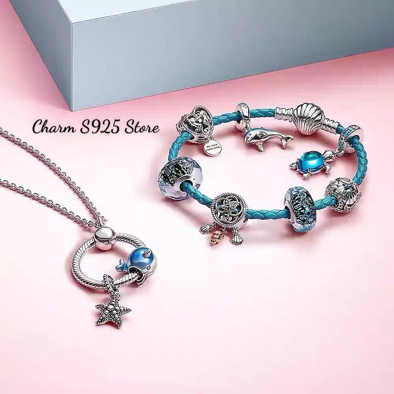 charm pan thuỷ tinh hoa biển xanh bạc s925 cao cấp