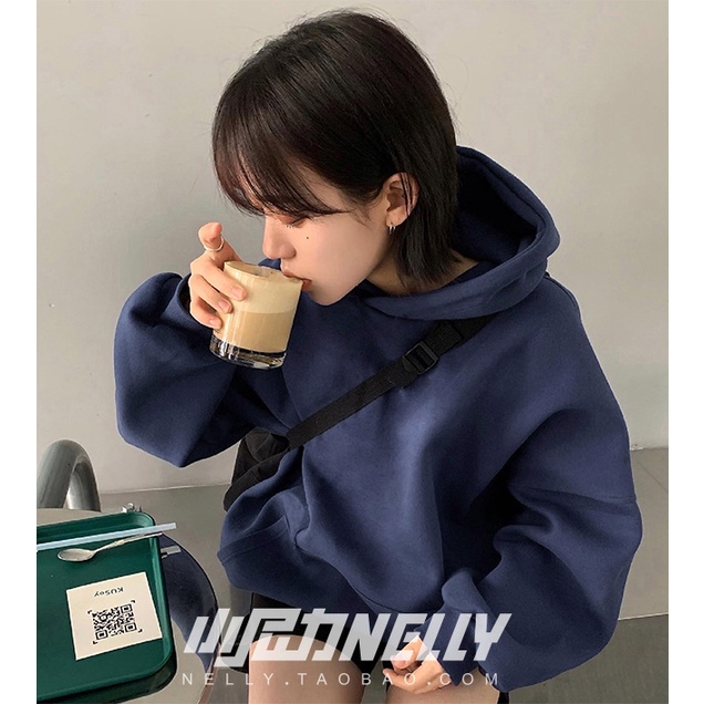 Áo Hoodie  Nelly Heybig trơn màu xanh than