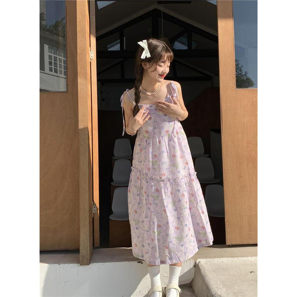 Đầm Hai Dây Lưng Cao Họa Tiết Hoa Màu Tím 62386