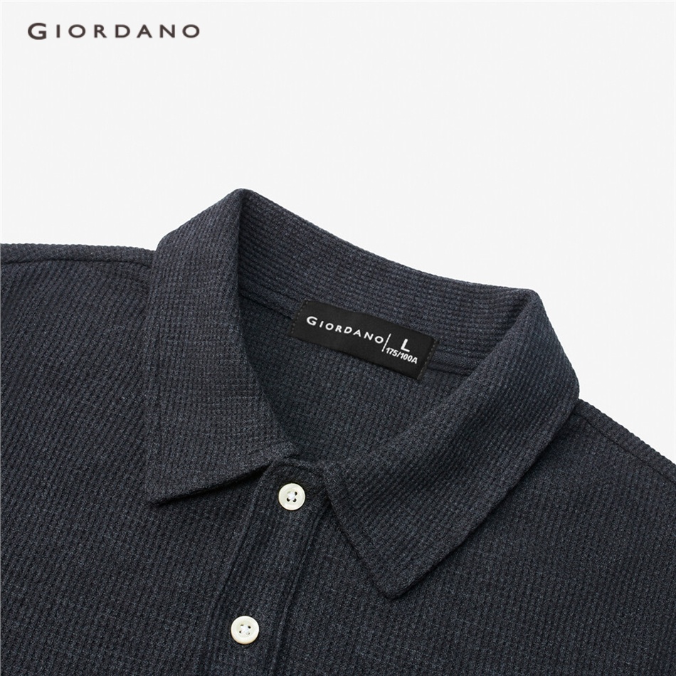 GIORDANO Áo polo nam dài tay waffle dày dặn màu dệt họa tiết ba chiều nhiều màu có sẵn 01012783
