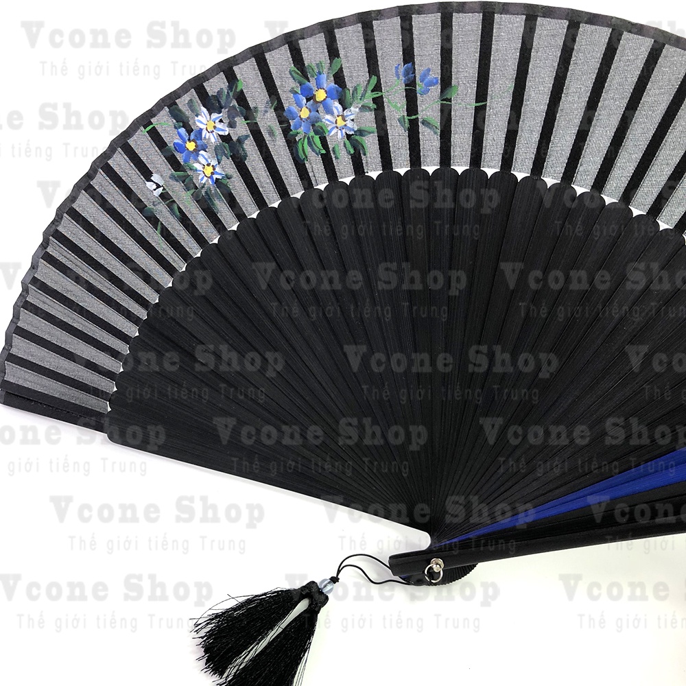 Quạt trúc cổ nan mở lưỡng lục trúc cổ trang dây tuyến xếp cầm tay phong cách Trung Quốc