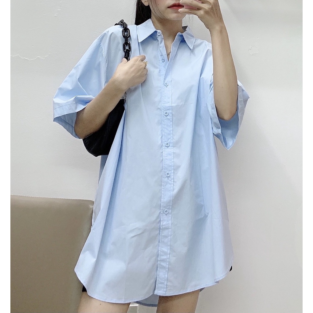 Áo sơ mi Oversize màu xanh dương nhạt phong cách Streetstyle
