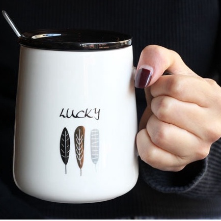 Cốc ly sứ có nắp kèm thìa Friend, Lucky, Sweet Home,..dung tích 420ml dùng hàng ngày, đựng trà, cafe,quà tặng