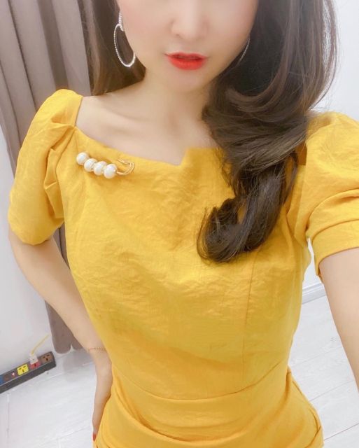 Đầm body 2 màu kèm trâm cài áo