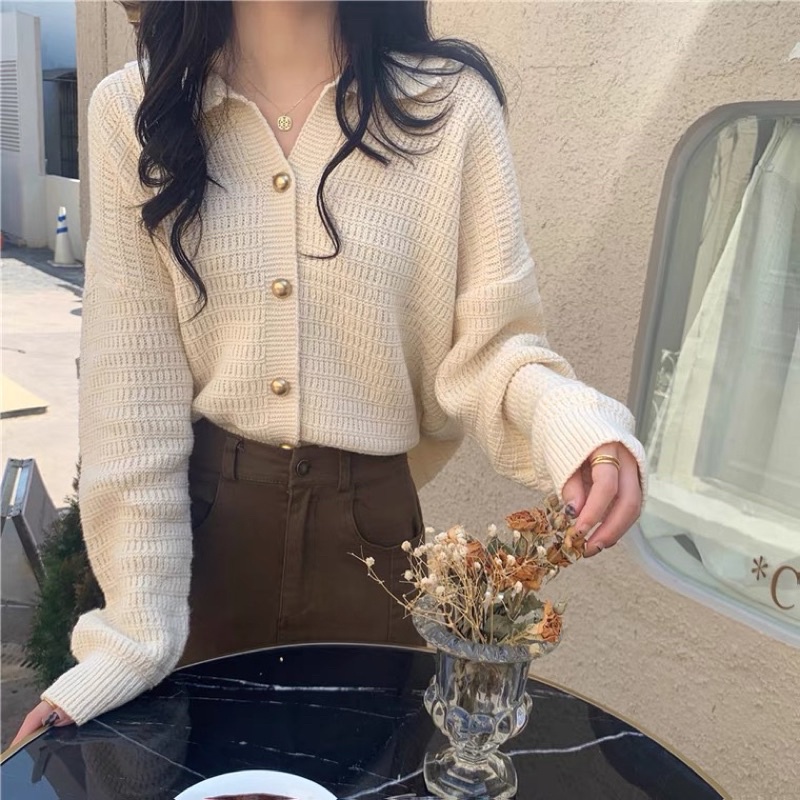 Áo Len Nữ Cardigan Cổ Polo Mix Hàng Cúc Dáng Basic Chất Len Dày Dặn Mẫu Thu Đông 2022