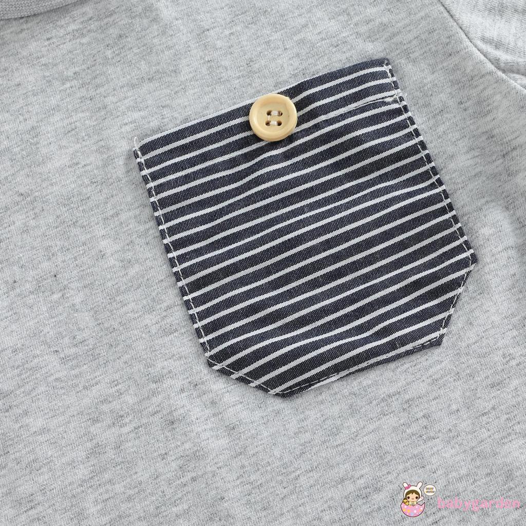 Bộ Áo Thun Ngắn Tay Cổ Tròn + Quần Short Lưng Cao Họa Tiết Kẻ Sọc Cho Bé Trai 0-24 Tháng Tuổi