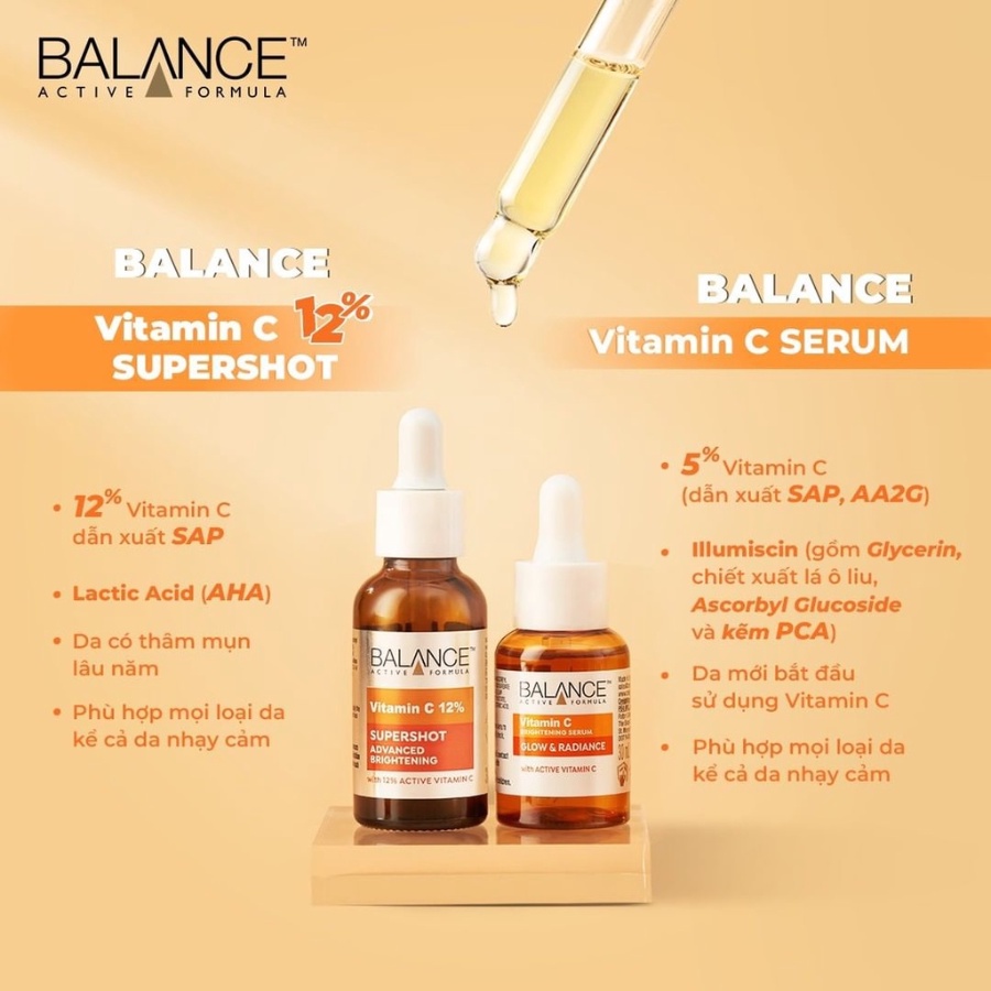 Serum Balance Active Formula (Vitamin C, Niacinamide, Hyaluronic) Tinh Chất Trắng Da, Mờ Thâm, Dưỡng Ẩm 30ml - Bahachiha