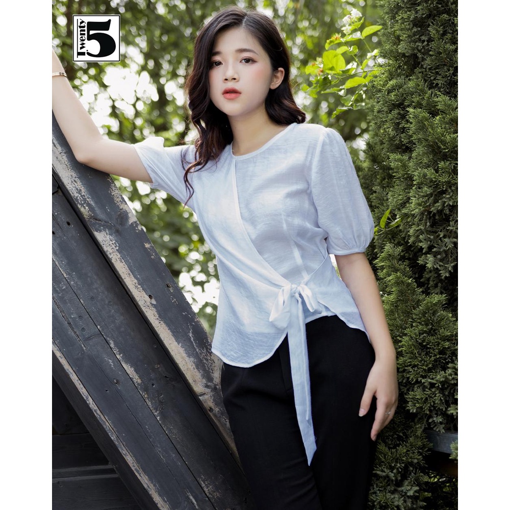 Áo sơ mi kiểu nữ công sở đắp tà thắt nơ eo chất cotton nhăn Twentyfive TA5
