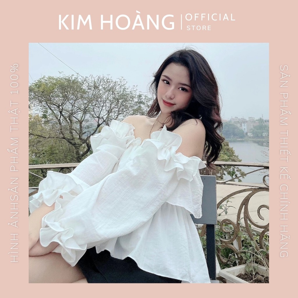 Áo Trễ Vai Croptop Kim Hoàng Clothing Bèo Nhún Tay Dài (Linen Top)