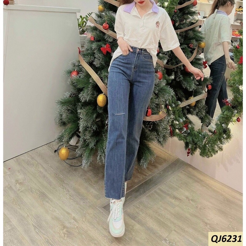 Quần jeans nữ ống đứng loe xuông, quần bò nữ lưng cao co dãn | WebRaoVat - webraovat.net.vn