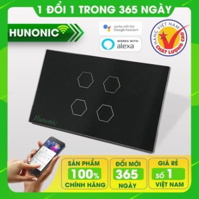 CÔNG TẮC CẢM ỨNG WIFI│HẸN GIỜ TỰ ĐỘNG HUNONIC 4 NÚT ĐEN│Thiết bị nhà thông minh cao cấp, hàng Việt Nam